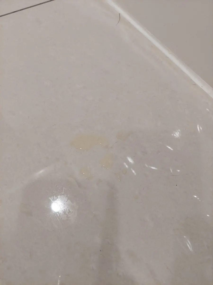 另一處磁磚地面可見數個相連的小尿灘。